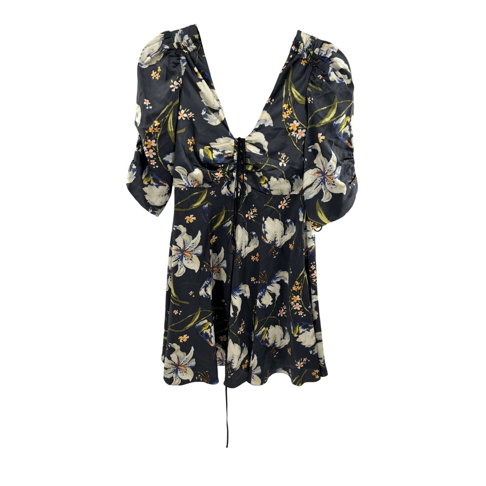 Cinq Sept Floral Silk Blend V Neck Lace Up Puff Sleeve Mini Dress Size 8